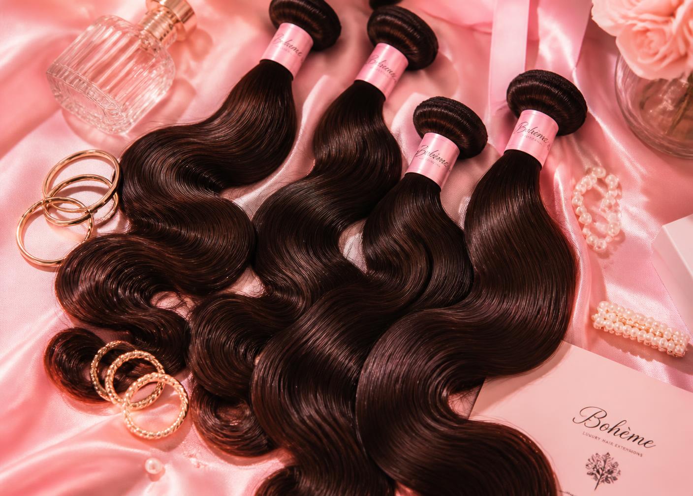 Bundles of luxury raw hair extensions styled on pink satin